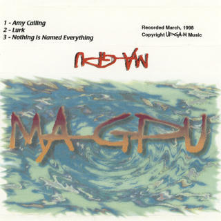 Cassette J-card from 1998 demo tape, with the name "Magpu" over a swirly background pattern
