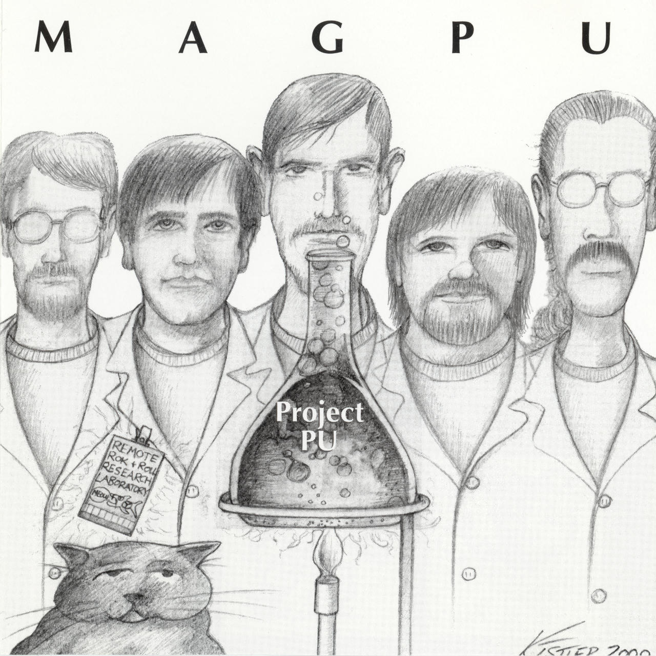 Drawings of the five members of Magpu, wearing lab coats.  In front of them is a flask over a flame, with a bubbling substance inside.  A drawing of a black cat is in the lower left.