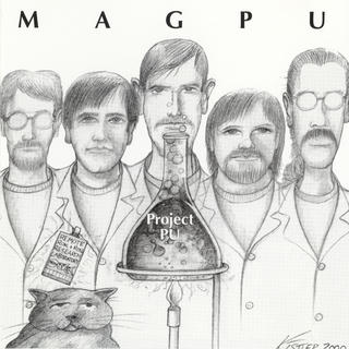 Drawings of the five members of Magpu, wearing lab coats.  In front of them is a flask over a flame, with a bubbling substance inside.  A drawing of a black cat is in the lower left.