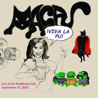 A drawing of a woman holding a pitcher, giving the thumbs-up sign, and saying, "Viva la pu!".  To the right of her are three cartoon frogs, and a flying cat with a cape.  A drawing of the face and shoulders of a bearded man with glasses is on the left, oriented sideways.